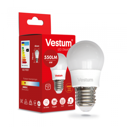 Світлодіодна лампа Vestum G45 6W 3000K 220V E27 1-VS-1202